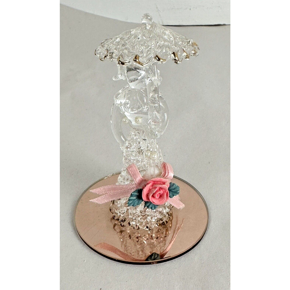 Sculpted Spun Crystal Lady Umbrella 22K Gold Trim Ceramic Rose Satin Ribbon